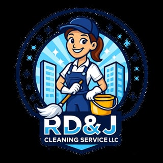 RD & J Cleaning Service LLC logo featuring a smiling cleaner woman in blue uniform holding a bucket and duster with buildings in background